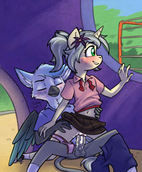Size: 1167x1410 | Tagged: explicit, artist:soulcentinel, oc, oc:mercury shine, anthro, anthro oc, banned from derpibooru, blushing, child on child, clothed sex, clothes, commission, female, female on top, fucking port the derpibooru tag aliases already ree, glazed dick, griffon, griffon oc, imported from twibooru, interspecies, lolicon, male, mirrored, nudity, oc only, panties, panties around legs, pants, pants down, penetration, penis, plantigrade anthro, playground, reverse cowgirl, sex, shota on loli, shotacon, stealth sex, straight, underage, underwear, unicorn, vaginal, vaginal secretions, vulva