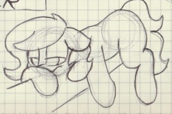 Size: 974x648 | Tagged: safe, artist:unitxxvii, oc, oc:filly anon, earth pony, female, filly, floppy ears, foal, frown, graph paper, imported from derpibooru, lidded eyes, lying down, monochrome, oc only, pen drawing, pony, prone, solo, traditional art