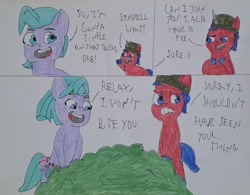 Size: 2222x1729 | Tagged: safe, artist:hoffmann10102010, bipedal, bush, colt, comic, earth pony, female, ferris, fetish, filly, foal, g5, implied peeing, imported from derpibooru, male, pissing, pissing together, promingent female, seashell (g5), story included, strategically covered, tell your tale style, traditional art, urine, using the bathroom in the woods, watersports