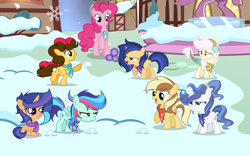 Size: 1280x799 | Tagged: safe, artist:lunerymish, pinkie pie, oc, oc:apple pie, oc:destiny, oc:galaxy swirls, oc:party pie, oc:rainbow blitzes, oc:sky city, oc:velvet sentry, earth pony, female, filly, foal, g4, horn, hybrid, imported from derpibooru, interspecies offspring, mare, offspring, outdoors, parent:applejack, parent:caramel, parent:cheese sandwich, parent:discord, parent:fancypants, parent:flash sentry, parent:fluttershy, parent:pinkie pie, parent:rainbow dash, parent:rarity, parent:soarin', parent:twilight sparkle, parents:carajack, parents:cheesepie, parents:discoshy, parents:flashlight, parents:raripants, parents:soarindash, pegasus, pony, unicorn