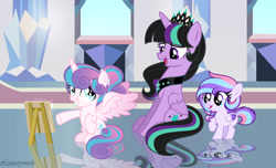 Size: 1280x779 | Tagged: safe, artist:lunerymish, princess flurry heart, oc, oc:princess crescenta heart, oc:twivine sparkle, alicorn, alicorn oc, female, filly, filly flurry heart, foal, g4, horn, imported from derpibooru, indoors, mare, offspring, parent:princess cadance, parent:shining armor, parents:shiningcadance, pegasus, pegasus oc, pony, slender, thin, wings