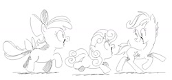 Size: 1273x592 | Tagged: safe, artist:mellodillo, apple bloom, scootaloo, sweetie belle, blank flank, bow, cutie mark crusaders, earth pony, female, filly, foal, g4, grayscale, height difference, horn, imported from derpibooru, monochrome, open mouth, open smile, pegasus, pony, running, simple background, smiling, tail, tail bow, trio, trio female, unicorn, white background