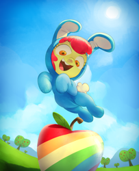 Size: 1884x2324 | Tagged: safe, artist:hehehahahoofs, apple bloom, adorabloom, animal costume, apple, apple tree, bunny costume, clothes, cloud, costume, cute, derpibooru exclusive, earth pony, female, filly, foal, food, g4, happy, imported from derpibooru, jumping, looking at something, low angle, open mouth, open smile, outdoors, pony, smiling, solo, sun, sweet apple acres, tooth gap, tree, weapons-grade cute, zap apple