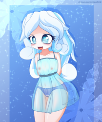 Size: 1171x1399 | Tagged: explicit, artist:an-m, oc, oc:snowdrop, banned from derpibooru, blind, blushing, clothes, cute, dress, female, human, humanized, imported from twibooru, lolicon, nudity, oc only, smiling, solo, underage, vulva
