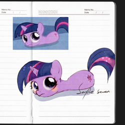 Size: 5000x5000 | Tagged: safe, artist:jian jiao, twilight sparkle, artist name, blushing, closed mouth, female, filly, foal, frown, g4, horn, imported from derpibooru, inset, looking at you, paper background, pony, sample, screenshot redraw, simple background, solo, species swap, text, twiworm, unicorn, white background, worm