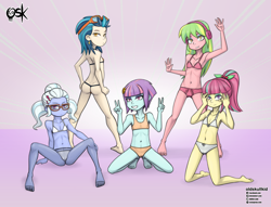 Size: 2969x2267 | Tagged: suggestive, artist:oldskullkid, banned from derpibooru, cameltoe, child, clothes, double peace sign, equestria girls, female, females only, human, imported from twibooru, indigo zap, lemon zest, lolicon, panties, sour sweet, sugarcoat, sunny flare, thong, underage, underwear, young, younger