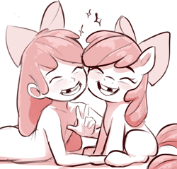 Size: 1471x1409 | Tagged: questionable, artist:crade, apple bloom, banned from derpibooru, earth pony, female, grin, human, humanized, imported from twibooru, lolicon, monochrome, nudity, pony, self ponidox, simple background, smiling, tooth gap, underage, white background
