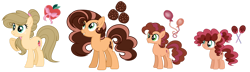 Size: 1280x368 | Tagged: safe, artist:lunerymish, oc, colt, earth pony, female, filly, foal, imported from derpibooru, male, mare, offspring, parent:applejack, parent:caramel, parent:cheese sandwich, parent:pinkie pie, parents:carajack, parents:cheesepie, pony, simple background, teenager