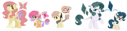 Size: 1280x312 | Tagged: safe, artist:lunerymish, oc, colored pupils, colt, dracony, female, filly, foal, heterochromia, hybrid, imported from derpibooru, interspecies offspring, leonine tail, male, mare, offspring, parent:discord, parent:fluttershy, parent:rarity, parent:spike, parents:discoshy, parents:sparity, pegasus, pony, simple background, tail