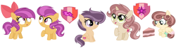 Size: 1280x355 | Tagged: safe, artist:lunerymish, oc, baby, baby pony, colt, earth pony, female, filly, foal, horn, imported from derpibooru, male, offspring, parent:apple bloom, parent:button mash, parent:pound cake, parent:princess flurry heart, parent:rumble, parent:scootaloo, parent:sweetie belle, parent:tender taps, parents:poundflurry, parents:rumbloo, parents:sweetiemash, parents:tenderbloom, pegasus, pony, siblings, twins, unicorn