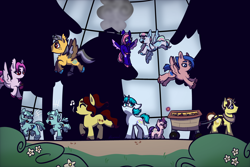 Size: 3000x2000 | Tagged: safe, artist:kharmacal, oc, oc:banana creampie, oc:beddy bye, oc:can dance, oc:cosmic chatoyance, oc:downy fluff, oc:feather fluff, oc:memory lane, oc:red rain, oc:star sawder, oc:steady current, comic:post-viral ponies, 2026, :<, :d, amputee, appaloosa, apple, banana, bangs, beanbrows, blue coat, blue eyes, blue hooves, blue mane, blue tail, braid, braided tail, brown eyes, brown hooves, brown mane, brown tail, bush, cart, chest fluff, coat markings, colored wings, cyan eyes, cyan hooves, dark muzzle, ear fluff, earth pony, emanata, eyebrows, eyes closed, facial markings, female, filly, floppy ears, flower, flying, foal, folded wings, food, freckles, funny background event, gray mane, gray tail, green coat, heterochromia, horn, imported from derpibooru, lidded eyes, lightly watermarked, locs, looking around, magic, male, mare, midair, multiple characters, music notes, o3o, oc only, open mouth, open smile, orange, outdoors, p:, pegasus, pink coat, pink hooves, pink mane, pink tail, playing tag, pony, ponytail, ponyville, prosthetic leg, prosthetic limb, prosthetics, purple mane, purple tail, red coat, red eyes, red hooves, shading, shadowed face, siblings, sisters, smiling, smoke, socks (coat markings), spread wings, stallion, star (coat marking), stealing, sweat, sweatdrops, tail, telekinesis, three toned mane, three toned tail, tongue out, twins, two toned mane, two toned tail, two toned wings, unicorn, unshorn fetlocks, wall of tags, watermark, whistling, wings, yellow coat, yoke