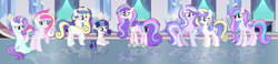 Size: 1280x297 | Tagged: safe, artist:lunerymish, oc, oc:chryssa, oc:crescenta, oc:diamant, oc:harts butterfly, oc:laura heart, oc:laura shine heart, oc:lila heart, concave belly, female, filly, foal, horn, imported from derpibooru, indoors, mare, offspring, parent:princess cadance, parent:shining armor, parents:shiningcadance, pegasus, pony, slender, thin, unicorn