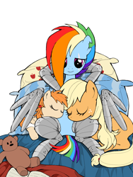 Size: 1080x1440 | Tagged: safe, artist:riceuki, applejack, rainbow dash, oc, adopted offspring, alternate timeline, amputee, apocalypse dash, artificial wings, augmented, crystal war timeline, earth pony, eye scar, facial scar, family, featureless crotch, female, filly, foal, g4, imported from derpibooru, lesbian, magical lesbian spawn, mare, mother and child, mother and daughter, offspring, pegasus, prosthetic leg, prosthetic limb, prosthetic wing, prosthetics, scar, sextuple amputee, ship:appledash, shipping, simple background, sleeping, smiling, torn ear, trio, wings