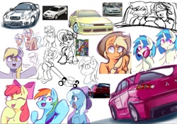 Size: 1619x1143 | Tagged: safe, artist:zuftyyeagh, apple bloom, applejack, rainbow dash, rarity, oc, absolute cinema, car, derpy hooves, dj pon-3, earth pony, female, filly, foal, g4, glasses, hippie, horn, imported from derpibooru, looking at you, mare, mitsubishi lancer, nissan sylvia, pegasus, pony, simple background, smiling, smiling at you, surprised, tinted glasses, tongue out, toyota celica, trixie, unicorn, vehicle, vinyl scratch, white background
