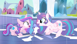 Size: 1280x728 | Tagged: safe, artist:galaxystar2012, princess flurry heart, oc, oc:shining heart, alicorn, female, filly, foal, g4, horn, imported from derpibooru, mare, offspring, older, older flurry heart, outdoors, parent:princess cadance, parent:shining armor, parents:shiningcadance, pony, siblings, sisters, unicorn