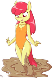 Size: 1000x1500 | Tagged: questionable, artist:fuf, apple bloom, anthro, banned from derpibooru, cameltoe, clothes, female, imported from twibooru, lolicon, mud, one-piece swimsuit, solo, swimsuit, underage