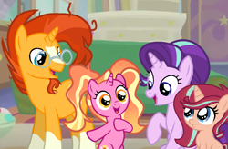 Size: 1149x752 | Tagged: safe, artist:galaxystar2012, starlight glimmer, oc, oc:sun star, female, filly, filly luster dawn, foal, g4, horn, imported from derpibooru, indoors, luster dawn, luster dawn is starlight's and sunburst's daughter, male, mare, offspring, parent:starlight glimmer, parent:sunburst, parents:starburst, pony, ship:starburst, shipping, stallion, straight, sunburst, unicorn, younger
