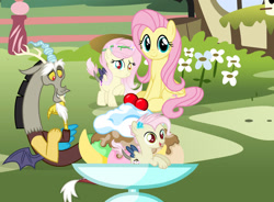 Size: 1280x942 | Tagged: safe, artist:galaxystar2012, fluttershy, oc, oc:displeney shy, colt, discord, draconequus, female, filly, foal, g4, hybrid, imported from derpibooru, interspecies offspring, male, mare, offspring, outdoors, parent:discord, parent:fluttershy, parents:discoshy, pegasus, pony, ship:discoshy, shipping, straight