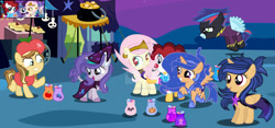 Size: 1280x597 | Tagged: safe, artist:galaxystar2012, oc, oc:apple blossom, oc:chocolate pie, oc:crystellina, oc:displeney shy, oc:galaxy star, oc:rainbow blazer, oc:sparkle star, alicorn, clothes, costume, dracony, earth pony, female, filly, foal, halloween, halloween costume, holiday, horn, hybrid, imported from derpibooru, interspecies offspring, nightmare night, offspring, outdoors, parent:applejack, parent:caramel, parent:cheese sandwich, parent:discord, parent:flash sentry, parent:fluttershy, parent:pinkie pie, parent:rainbow dash, parent:rarity, parent:soarin', parent:spike, parent:twilight sparkle, parents:carajack, parents:cheesepie, parents:discoshy, parents:flashlight, parents:soarindash, parents:sparity, pegasus, pony, unicorn