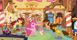 Size: 1280x674 | Tagged: safe, artist:galaxystar2012, pinkie pie, oc, oc:chocolate pie, baby, baby pony, cheese sandwich, colt, earth pony, female, filly, foal, g4, imported from derpibooru, indoors, li'l cheese, male, mare, offspring, parent:cheese sandwich, parent:pinkie pie, parents:cheesepie, pony, ship:cheesepie, shipping, stallion, straight, teenager