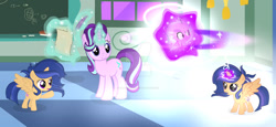 Size: 1280x591 | Tagged: safe, artist:galaxystar2012, starlight glimmer, oc, oc:galaxy star, oc:sparkle star, alicorn, female, filly, foal, g4, horn, imported from derpibooru, indoors, mare, offspring, parent:flash sentry, parent:twilight sparkle, parents:flashlight, pony, unicorn