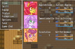 Size: 808x532 | Tagged: safe, artist:dapperlilarts, apple bloom, scootaloo, sweetie belle, band-aid, band-aid on nose, cutie mark crusaders, earth pony, female, filly, foal, freckles, g4, horn, imported from derpibooru, pegasus, pony, rpg, smiling, text, unicorn