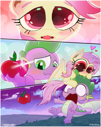 Size: 1080x1350 | Tagged: safe, artist:loreto-arts, fluttershy, spike, age regression, apple, bat ponified, bat pony, big eyes, biting, blank eyes, blushing, comic, cute, dragon, duo, duo male and female, fangs, female, filly, flutterbat, foal, food, g4, imported from derpibooru, love bite, male, open mouth, outdoors, pony, race swap, ship:flutterspike, shipping, shyabates, shyabetes, signature, spread wings, straight, winged spike, wings, younger