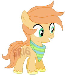 Size: 253x292 | Tagged: safe, artist:mamabird94, oc, oc:honeycrisp apple, bandana, blank flank, colt, earth pony, foal, freckles, grin, imported from derpibooru, male, obtrusive watermark, oc only, offspring, parent:big macintosh, parent:fluttershy, parents:fluttermac, pony, simple background, smiling, solo, transparent background, unshorn fetlocks, watermark