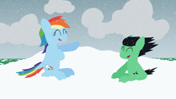 Size: 1920x1080 | Tagged: safe, rainbow dash, oc, oc:colt anon, alternate hairstyle, anonymous artist, cloud, cloudy, colt, duo, duo male and female, earth pony, eyes closed, female, foal, g4, imported from derpibooru, laughing, lineless, male, mare, outdoors, pegasus, pony, sitting, snow, snowfall, tail, windswept mane, windswept tail