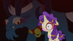 Size: 1004x564 | Tagged: safe, oc, oc:wisteria braid, behind you, braid, coat markings, crying, evil smile, female, filly, floppy ears, foal, g4, goat, grogar, horn, ibex, imported from derpibooru, pony, real grogar, simple background, smiling, socks (coat markings), suffering, unicorn