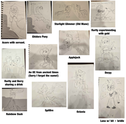 Size: 5432x5351 | Tagged: safe, artist:mightyshockwave, applejack, princess luna, rainbow dash, rarity, starlight glimmer, twilight sparkle, oc, oc:acorn, bit, cello, cider, demon core, derpy hooves, female, filly, foal, g4, ghidorah, gold, imported from derpibooru, lack, mind control, musical instrument, octavia melody, sketchbook, sketchook swap, spear, spitfire, unnamed oc, weapon