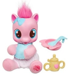 Size: 347x379 | Tagged: safe, photographer:absol, pinkie pie, baby, baby bottle, baby pie, baby pony, bib, blushing, bottle, bow, bowl, cereal, cute, diaper, diaper pie, diapinkes, earth pony, female, filly, filly pinkie pie, foal, food, g4, g4 logo, hair bow, heart, heart eyes, imported from derpibooru, irl, littlest so soft pinkie pie, logo, my little pony logo, newborn, official, photo, pony, simple background, so soft, spoon, tail, toy, white background, wingding eyes, younger
