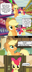 Size: 1080x2416 | Tagged: safe, artist:zeezee, apple bloom, applejack, 4 panel comic, apple sisters, comedy, comic, conversation, dialogue, duo, earth pony, edit, edited screencap, female, filly, foal, g4, hungry, i made a thing, imported from derpibooru, indoors, joke, mare, market, pony, screencap, screencap comic, siblings, sisters, slice of life, speech bubble, store, sweet apple acres