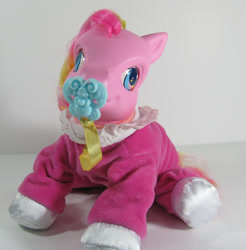 Size: 591x600 | Tagged: safe, photographer:breyer600, baby, baby pony, clothes, cute, earth pony, electronic toy, eyes open, female, filly, foal, g3, good morning sunshine, good morning sunshinedorable, imported from derpibooru, irl, pacifier, pajamas, photo, pony, sitting, so soft, toy