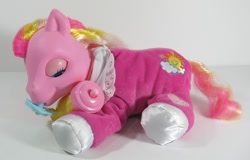 Size: 700x447 | Tagged: safe, photographer:breyer600, baby, baby bottle, baby pony, bottle, clothes, cute, earth pony, eyes closed, female, filly, foal, g3, g3 logo, good morning sunshine, good morning sunshinedorable, imported from derpibooru, irl, logo, my little pony logo, pacifier, pajamas, photo, pony, so soft, toy