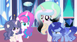 Size: 1280x712 | Tagged: safe, artist:galaxystarsparkles, princess flurry heart, oc, oc:astroice, oc:galaxy star sparkles, oc:sunlight, alicorn, female, filly, filly flurry heart, foal, g4, hybrid, imported from derpibooru, indoors, interspecies offspring, offspring, parent:discord, parent:flash sentry, parent:king sombra, parent:princess celestia, parent:princess luna, parent:twilight sparkle, parents:dislestia, parents:flashlight, parents:lumbra, pony, teenager