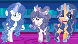 Size: 1280x717 | Tagged: safe, artist:galaxystarsparkles, oc, oc:eclipse, oc:galaxy star sparkles, oc:sapphire, alicorn, female, filly, foal, horn, imported from derpibooru, indoors, offspring, parent:fancypants, parent:flash sentry, parent:rarity, parent:twilight sparkle, parents:flashlight, parents:raripants, pony, teenager, unicorn