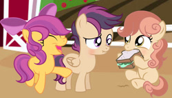 Size: 1280x732 | Tagged: safe, artist:galaxystarsparkles, oc, oc:dancing apple, oc:melody, oc:stormfly, colt, earth pony, female, filly, foal, horn, imported from derpibooru, male, offspring, outdoors, parent:apple bloom, parent:button mash, parent:rumble, parent:scootaloo, parent:sweetie belle, parent:tender taps, parents:rumbloo, parents:sweetiemash, parents:tenderbloom, pegasus, pony, shipping, straight, unicorn
