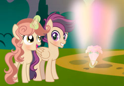 Size: 1280x895 | Tagged: safe, artist:galaxystarsparkles, oc, oc:melody, oc:stormfly, colt, female, filly, foal, horn, imported from derpibooru, male, oc x oc, offspring, outdoors, parent:button mash, parent:rumble, parent:scootaloo, parent:sweetie belle, parents:rumbloo, parents:sweetiemash, pegasus, pony, shipping, straight, teenager, unicorn