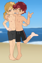 Size: 1200x1808 | Tagged: questionable, artist:crade, artist:deserter, oc, oc:peanut toffy, oc:raspberry toffy, annoyed, banned from derpibooru, beach, blushing, board shorts, breasts, cameltoe, clothes, colored, delicious flat chest, duo, duo female, edit, exhibitionism, female, females only, finger gun, finger guns, hand on hip, human, humanized, imported from twibooru, lolicon, male swimwear challenge, nipples, nudity, oc only, one eye closed, partial nudity, ponytail, public nudity, reverse trap, short hair, shorts, siblings, sisters, spats, squishy cheeks, swim shorts, swimming trunks, tan, tomboy, topless, underage, vitiligo, wink