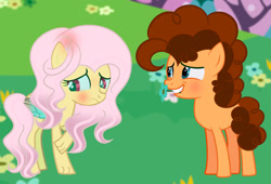Size: 1280x871 | Tagged: safe, artist:galaxystarsparkles, oc, oc:floral, oc:funny ballon, colt, earth pony, female, filly, foal, hybrid, imported from derpibooru, interspecies offspring, male, oc x oc, offspring, outdoors, parent:cheese sandwich, parent:discord, parent:fluttershy, parent:pinkie pie, parents:cheesepie, parents:discoshy, pegasus, shipping, straight, teenager