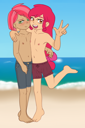 Size: 1200x1808 | Tagged: questionable, artist:crade, editor:deserter, apple bloom, babs seed, apple bloomers, banned from derpibooru, beach, bloomers, blushing, breasts, chest freckles, clothes, color edit, colored, delicious flat chest, denim shorts, duo, duo female, edit, embarrassed, exhibitionism, female, females only, freckles, hip freckles, hover hand, human, humanized, imported from twibooru, jeans, lolicon, long hair, male swimwear challenge, moderate dark skin, nipples, nudity, pants, partial nudity, peace sign, public nudity, shorts, shoulder freckles, squishy cheeks, sweat, tan, topless, underage