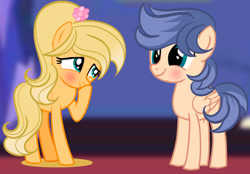 Size: 1280x891 | Tagged: safe, artist:galaxystarsparkles, oc, oc:apple blossom, oc:starfly, colt, earth pony, female, filly, foal, imported from derpibooru, indoors, male, oc x oc, offspring, parent:applejack, parent:caramel, parent:flash sentry, parent:twilight sparkle, parents:carajack, parents:flashlight, pegasus, pony, shipping, straight, teenager