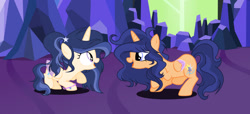 Size: 1280x586 | Tagged: safe, artist:stardusksentry, oc, oc:moonlight sparkle, oc:stardusk sentry, alicorn, female, filly, foal, imported from derpibooru, indoors, mare, offspring, parent:flash sentry, parent:twilight sparkle, parents:flashlight, pony, siblings, sisters