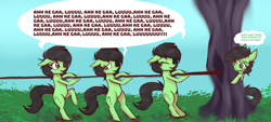 Size: 1737x784 | Tagged: safe, artist:anonymous, oc, oc:filly anon, /mlp/, bipedal, earth pony, eyes closed, female, fetish, filly, foal, g4, imported from derpibooru, mare, outdoors, pony, pulling, quartet female, rope, singing, slur, speech bubble, thought bubble, tree, vulgar
