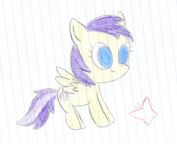 Size: 1024x837 | Tagged: safe, artist:mintstarmari, 2016, alula, awwlula, background pony, blue eyes, butterfly, closed mouth, colored pencil drawing, cute, female, filly, foal, g4, imported from derpibooru, lined paper, no pupils, pegasus, pencil drawing, pluto, plutobetes, pony, purple hair, purple mane, purple tail, simple background, smiling, solo, spread wings, tail, traditional art, white background, wings, yellow coat