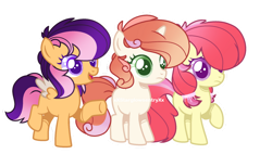 Size: 1280x726 | Tagged: safe, artist:ashenuggeis, oc, oc:apple shine, oc:sweet cake, oc:thunderlight, base used, earth pony, female, filly, foal, horn, imported from derpibooru, oc only, offspring, parent:apple bloom, parent:button mash, parent:rumble, parent:scootaloo, parent:sweetie belle, parent:tender taps, parents:rumbloo, parents:sweetiemash, parents:tenderbloom, pegasus, pony, trio, unicorn
