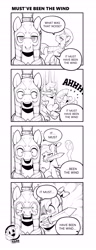 Size: 2695x7016 | Tagged: safe, artist:norisle, button mash, comic:video game is magic, colt, comic, crying, falling, foal, g4, imported from derpibooru, lineart, looking at someone, male, mouth hold, royal guard, scary face, stallion, sword, trio, video game logic, weapon