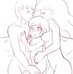 Size: 1272x1288 | Tagged: questionable, artist:crade, apple bloom, applejack, age difference, aroused, banned from derpibooru, bed, big mcintosh, blushing, breasts, cuddling, female, grayscale, human, humanized, imported from twibooru, incest, lolicon, monochrome, simple background, size difference, sleeping, under the covers, underage, white background