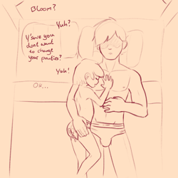 Size: 1100x1100 | Tagged: explicit, artist:crade, apple bloom, age difference, balls, banned from derpibooru, bed, big mcintosh, blushing, breasts, clothes, crotch bulge, cuddling, cum, cum in panties, dialogue, female, grayscale, human, humanized, imported from twibooru, incest, lolicon, male, monochrome, nudity, panties, size difference, straight, underage, underwear, vulva